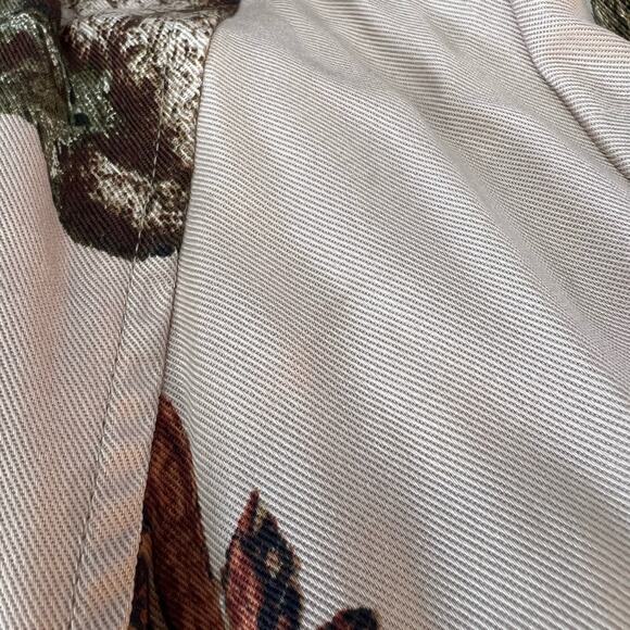 Romantic Pink Floral Ruffle Chico's Open Front Cinched Back Jacket Small Spring - Picture 9 of 12